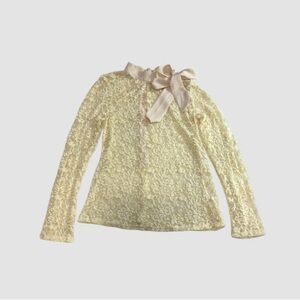 Comme Toi Womens Large Long Sleeve Cream Lace Blouse With Neck Tie